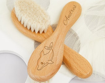 Wooden Engraved Name Baby Hair brush, Personalised Baby Hair Brush with Cute Animal, Baby Shower Gift, Newborn Gift, Birthday Gift For Baby