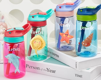 Lindas botellas de agua para niños, botella de agua con nombre personalizado, botella de agua para niños con delfín ballena medusa, regalo de cumpleaños para niños, regalo para niñas