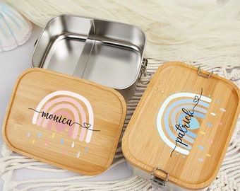 Lonchera arcoíris personalizada para niñas y niños, lonchera para niños, lonchera con tapa de madera, caja de refrigerios, regalo de regreso a la escuela, regalo de cumpleaños para niños