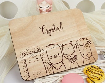 Tabla de desayuno para niños personalizada, tabla de desayuno con animal, regalo de cumpleaños para niños, tabla de desayuno con nombre de dibujos animados, regalo de baby shower