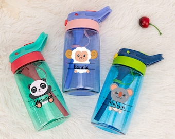 Wasserflasche mit niedlichen Tieren für Kinder, personalisierte Wasserflasche mit Strohhalm, Geburtstagsgeschenk für Kinder, Geschenk zum Schulanfang, Kinderparty-Geschenkbecher