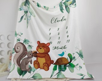 Couverture jalon pour bébé garçon, couverture bébé garçon personnalisée, couverture bébé Animal, couverture personnalisée, accessoire photo cadeau bébé, cadeau de Shower de bébé