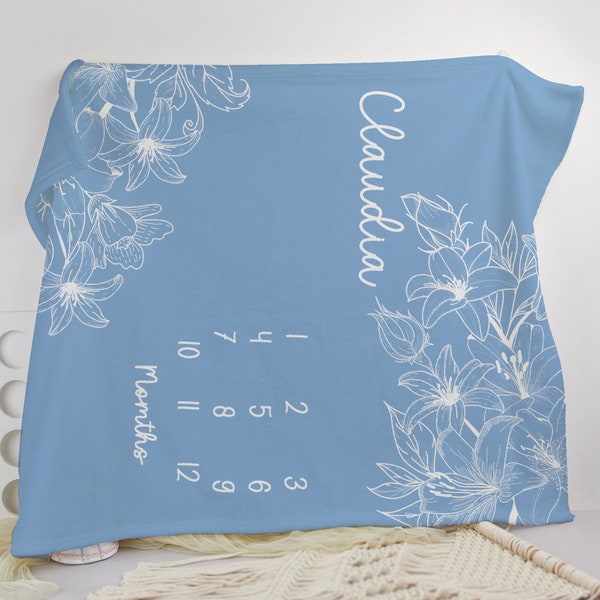 Custom Baby Girl Floral Milestone Blanket With Name, Rose Lily Flower Month Blanket, Boho Nursery Baby Blanket, Baby Shower Gift Photo Prop