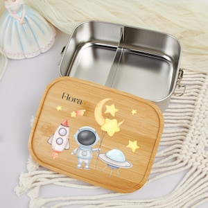 Personalized Boy Wooden Lid Lunch Box,Kids Lunch Box With Name,Custom Snack Box,Rocket/Space/Astronaut Lunch Box,Birthday Gift for Kids 画像 2