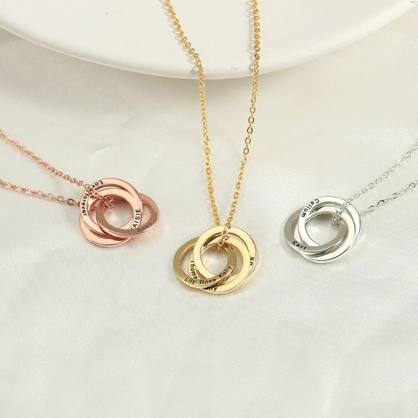 Collier nom de famille personnalisé, collier bague russe, cadeau Saint-Valentin, collier cercle personnalisé, collier gravé pour maman, bijoux d'anniversaire