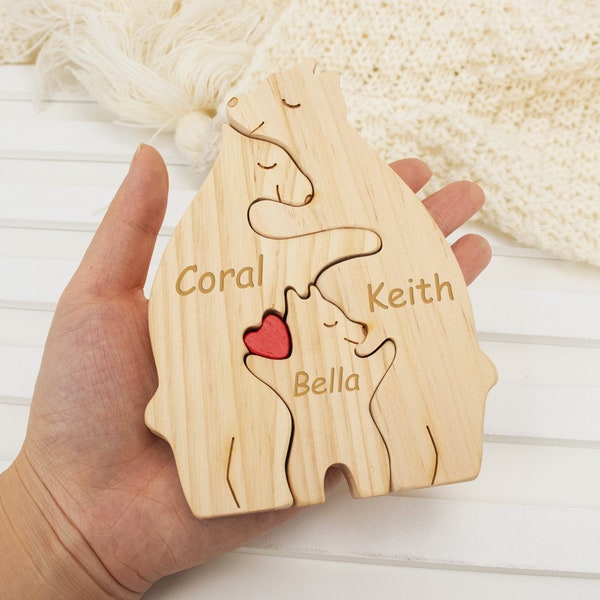 Personalized Bear Family Puzzle, Wooden Puzzle of 2-7 People, Engraved Name Puzzle, Family Keepsake Gift, Animal Family, Home Decoration
