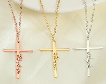 Personalisierte Kreuz Halskette mit Namen, benutzerdefinierte Silber Kreuz Halskette, Kreuz Namen Halskette, Taufe Geschenk, christliches Geschenk, Weihnachtsgeschenk für sie