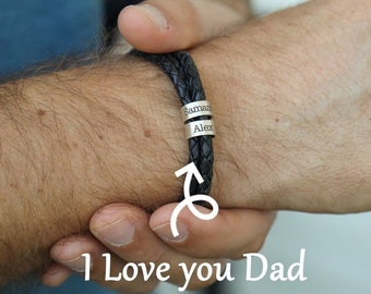 Custom Engraved Name Bracelet for Men,Birthday Gift for him,Mens Leather Bracelet with beads,Father's Day, Gift for Boyfriend,Christmas Gift