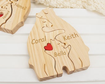 Wooden Bear Family Puzzle, Family Puzzle of 2-7 People, Engraved Family Name Puzzle, Family Keepsake Gift, Animal Family, Home Decoration