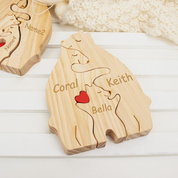 Wooden Bear Family Puzzle, Family Puzzle of 2-7 People, Engraved Family Name Puzzle, Family Keepsake Gift, Animal Family, Home Decoration