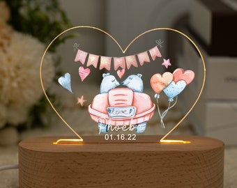 Personalisiertes Nachtlicht für Kinder, herzförmiges rosa Bären-Nachtlicht mit Namen, Geburtstagsgeschenk, Nachttischlampe, Babyschlafzimmer-Nachtlicht, Geschenk für Baby