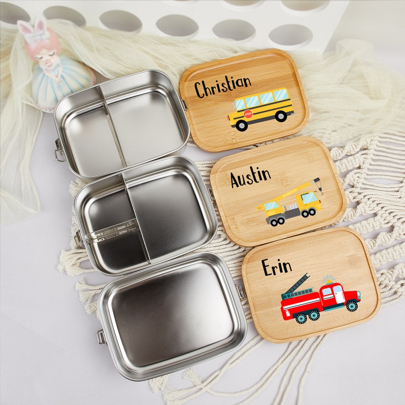 Gepersonaliseerde lunchbox jongens en meisjes, houten lunchbox voor kinderen met naam, aangepaste snackbox, roestvrij staal, schoolcadeau, verjaardagscadeau voor kinderen afbeelding 4