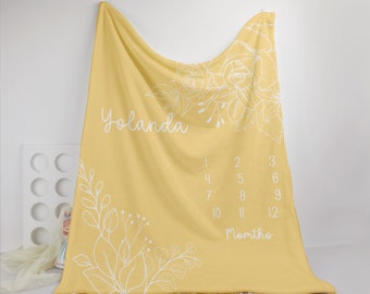 Couverture florale personnalisée pour bébé fille avec nom, couverture du mois avec fleur de lys rose, couverture bohème pour chambre d'enfant, cadeau de baby shower, accessoire photo