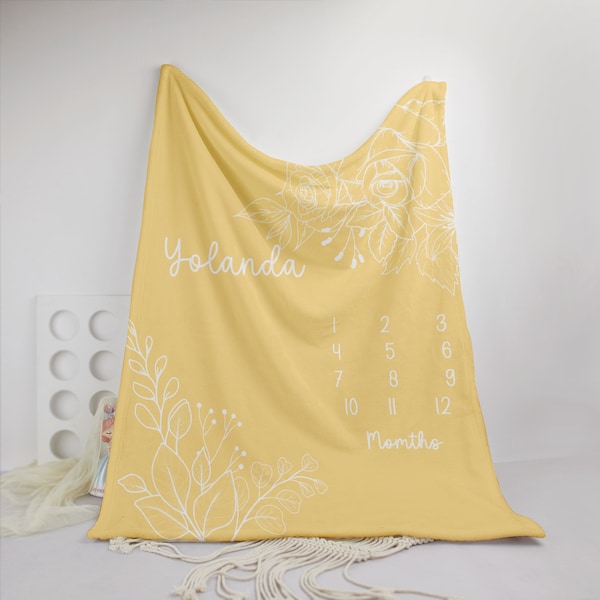 Benutzerdefinierte Baby-Mädchen-Meilenstein-Decke mit Namen, Rosen-Lilien-Blumen-Monatsdecke, Boho-Kinderzimmer-Babydecke, Babyparty-Geschenk, Foto-Requisite