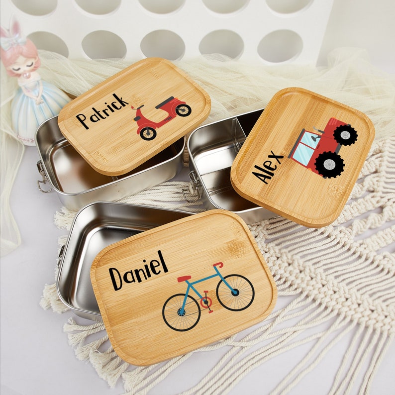 Gepersonaliseerde lunchbox jongens en meisjes, houten lunchbox voor kinderen met naam, aangepaste snackbox, roestvrij staal, schoolcadeau, verjaardagscadeau voor kinderen afbeelding 2