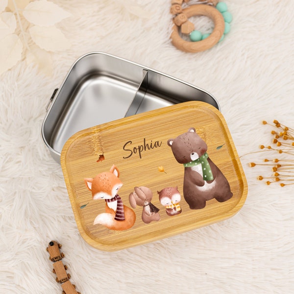 Animal Pattern Lunch Box for Kids, Personalized Wooden Lid Lunch Box, Custom Snack Box, Kid Birthday Gift,Back to School Gift,Fox & Bear Box