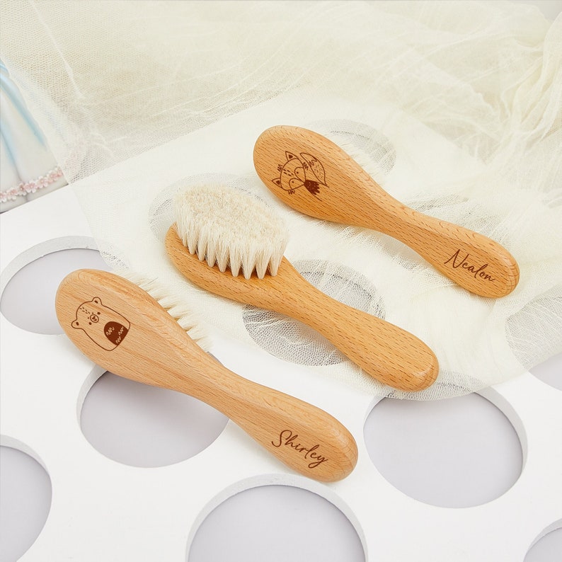 Personalised Animal Baby Hair Brush, Wooden Engraved Baby Name Hairbrush, Baby Shower Gift, Newborn Gift, Cute Baby Hairbrush, Gift For Baby image 1