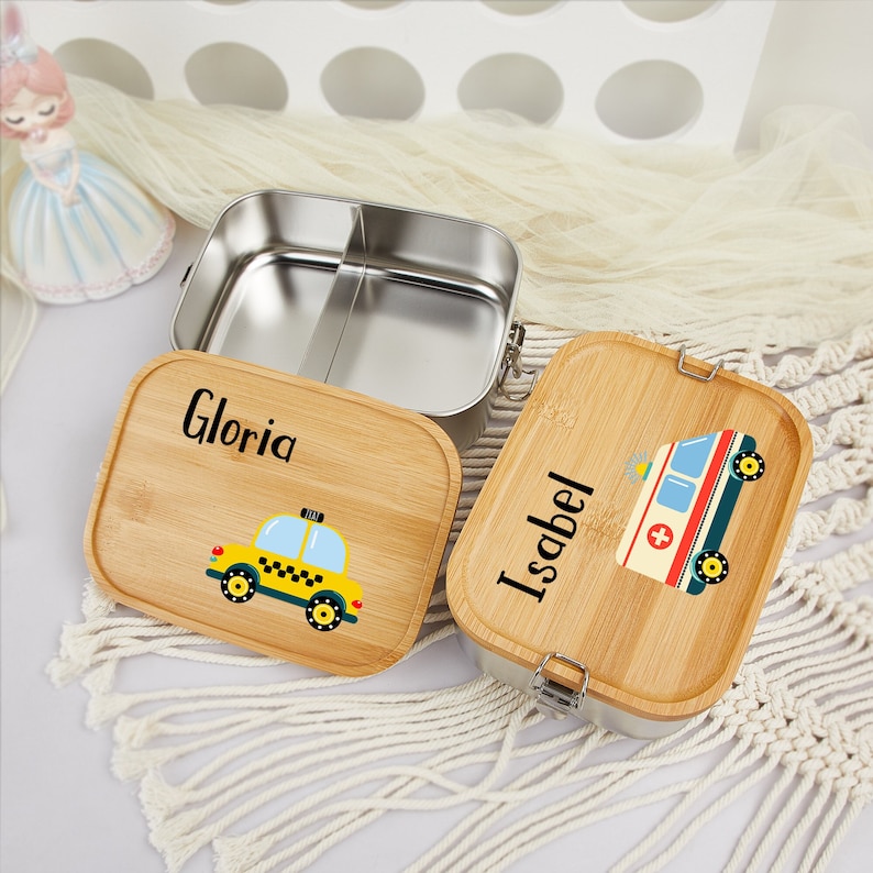 Personalized Lunch Box Boys & Girls, Kids Wooden Lunch Box With Name, Custom Snack Box, Stainless Steel, School Gift, Birthday Gift for Kids image 3