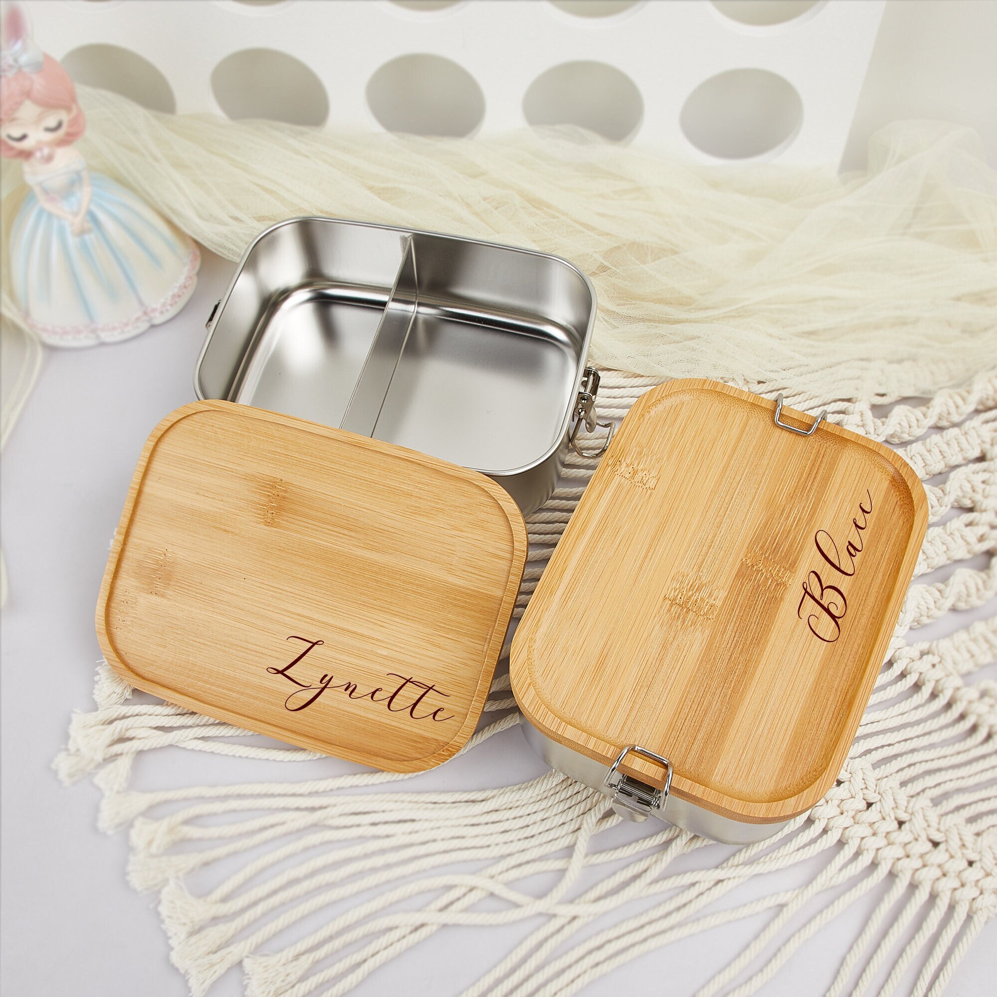Stainless Steel Bento Lunch Box with Bamboo Lid, Metal Lunch Containers Snack Food for Adults & Kids School/ Work 600ml White