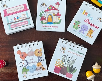 Set of 5 Mini Coloring Books: Pocket-Sized, Spiral Bound
