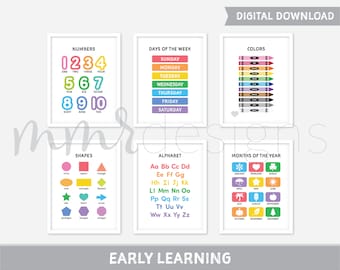 Puede incluir: Conjunto de 8 carteles imprimibles coloridos para el aprendizaje temprano. Los carteles presentan números, días de la semana, colores, formas, el alfabeto y los meses del año.