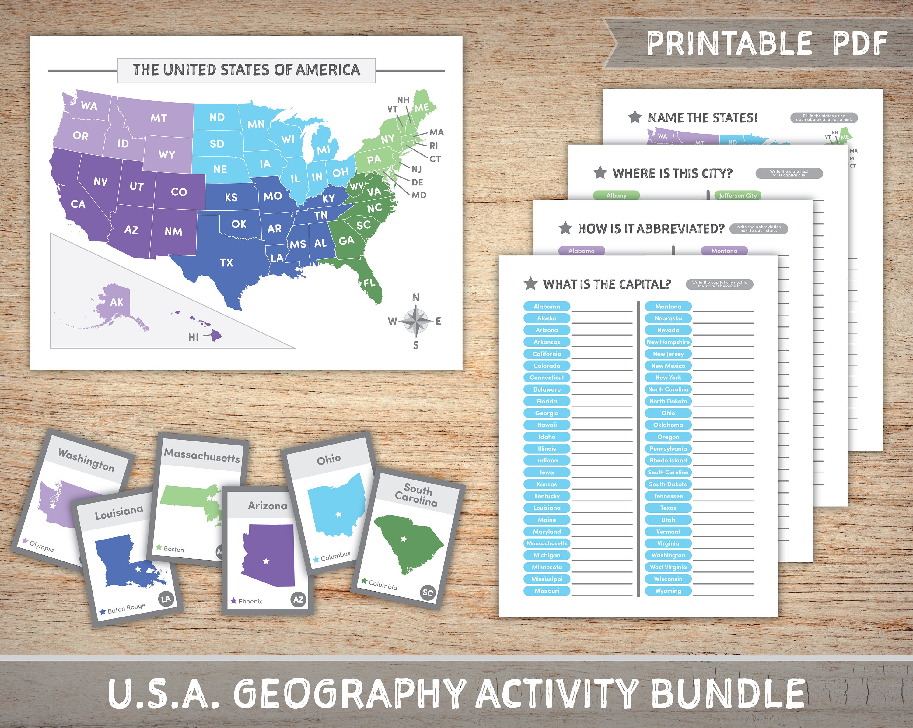 printable us map 50 state flashcards worksheets for etsy