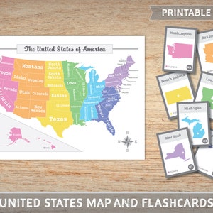 Druckbare Karte mit 50 Bundesstaaten Karte für Geographie Homeschool Studium - Regenbogen Thema - Sofortiger digitaler Download - PDF