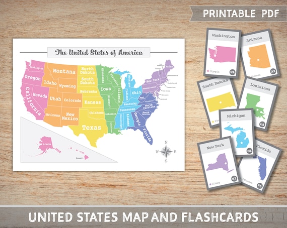 printable us map and 50 state flashcards for geography etsy ireland