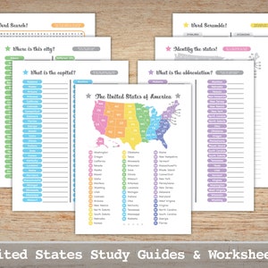 Printable US Geography Worksheets and Maps for Homeschool Studies Rainbow Theme Instant Digital Download PDF image 1