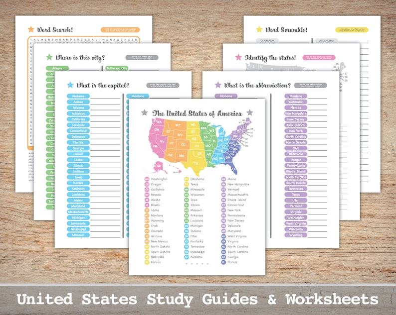 Printable US Geography Worksheets and Maps for Homeschool Studies Rainbow Theme Instant Digital Download PDF image 1