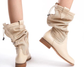 Damskie, wycinane laserowo, perforowane, kowbojskie, letnie, festiwalowe buty na obcasie w stylu western