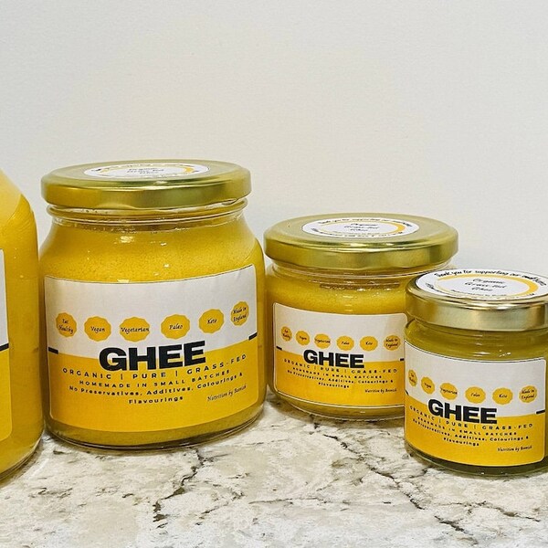 100% Pure Organic GrassFed Ghee, No Additives, No Colourings, No Flavourings, No Preservatives. Just Pure and Natural made with LOVE in UK.