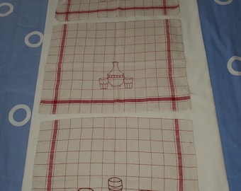 Vintage red and white linen tea towels