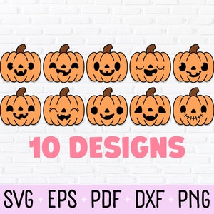 Könnte beinhalten: Zehn verschiedene Designs von orangefarbenen Jack-o'-Lantern-Kürbissen mit verschiedenen Gesichtsausdrücken. Die Kürbisse sind schwarz umrandet und haben einen Stiel oben. Der Text "10 DESIGNS" ist in Pink unter den Kürbissen geschrieben.