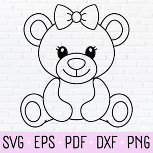 Dziewczynka Miś Z Kokardą Kontur I Grafika Liniowa Clipart, PNG, DXF, SVG Plik Cięty | Baby Shower, Ujawnienie Płci, Ogłoszenie Ciąży, Przedszkole