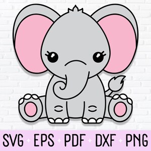 Può includere: Un'illustrazione di un elefante grigio con le orecchie rosa e un'espressione triste. L'elefante è seduto con le gambe incrociate e ha una piccola coda.