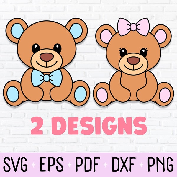 Cute Boy And Girl Teddy Bear Clipart, PNG, DXF, SVG Cut File For Baby Shower, Gender Reveal, Pregnancy Announcement, & Newborn Nursery Art