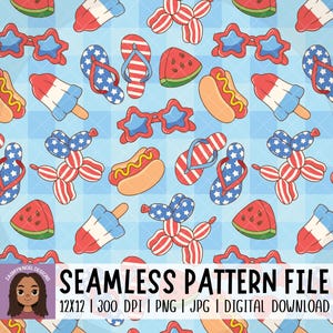 May include: Seamless pattern featuring patriotic summer icons like star-shaped sunglasses, flip-flops, watermelon slices, hot dogs, and popsicles in red, white, and blue. The design includes balloon animals and is set against a light blue background.