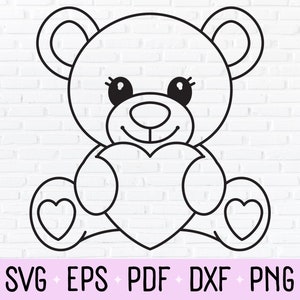 Cute Teddy Bear With A Heart Outline & Line Art SVG, Sublimation PNG, DXF, Clipart, and Laser Cut File For Valentine&#39;s Day, VDay, and V Day