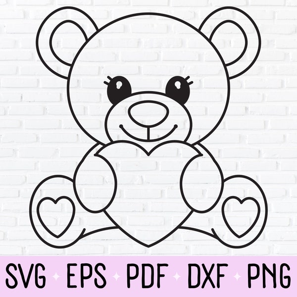 Cute Teddy Bear With A Heart Outline & Line Art SVG, Sublimation PNG, DXF, Clipart, and Laser Cut File For Valentine's Day, VDay, and V Day