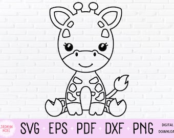 Cute Baby Giraffe Outline Clipart PNG SVG Cut File - Jungle Safari Zoo Animal Line Art Illustration