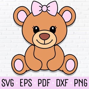Cute Brown Girl Teddy Bear Pink Bow Clipart, PNG, DXF, SVG Cut File voor Baby Shower, Gender Reveal, Zwangerschapsaankondiging en kinderkamerkunst
