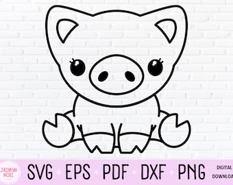 Cute Kawaii Baby Pig Outline Clipart, PNG, & SVG Cut File