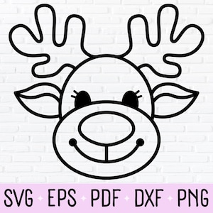 Niedliche Rentier Umriss SVG, Weihnachten Reh Linie Art SVG, Rentier Kopf Laser geschnitten Datei, Rentier Kopf Clipart, Rentier Kopf PNG