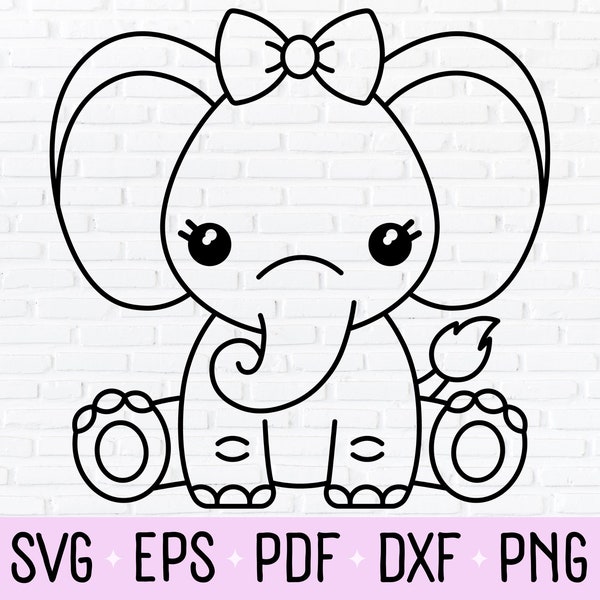 Girl Elephant Outline SVG, PNG, & DXF - Clipart For Baby Girl Gender Reveal, Safari Theme Nursery, Jungle Baby Shower, or Zoo Birthday Party