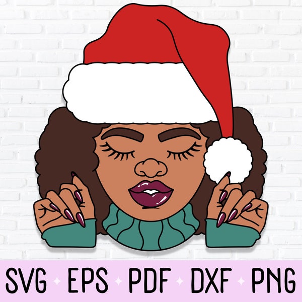 Afro Diva, Santa Hat, Melanin Christmas, Melanated Queen, Black Girl Magic, African American Woman, Nubian Boss Babe svg, png, dxf, eps, pdf