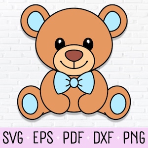 Cute Brown Boy Teddy Bear Blue Bow Tie Clipart, PNG, DXF, File di taglio SVG per Baby Shower, Gender Reveal, Annuncio di gravidanza e Nursery Art