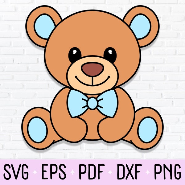 Cute Brown Boy Teddy Bear Blue Bow Tie Clipart, PNG, DXF, SVG Cut File For Baby Shower, Gender Reveal, Pregnancy Announcement, & Nursery Art