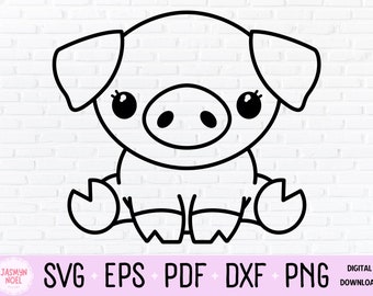 Cute Kawaii Baby Pig Outline Clipart, PNG, & SVG Cut File