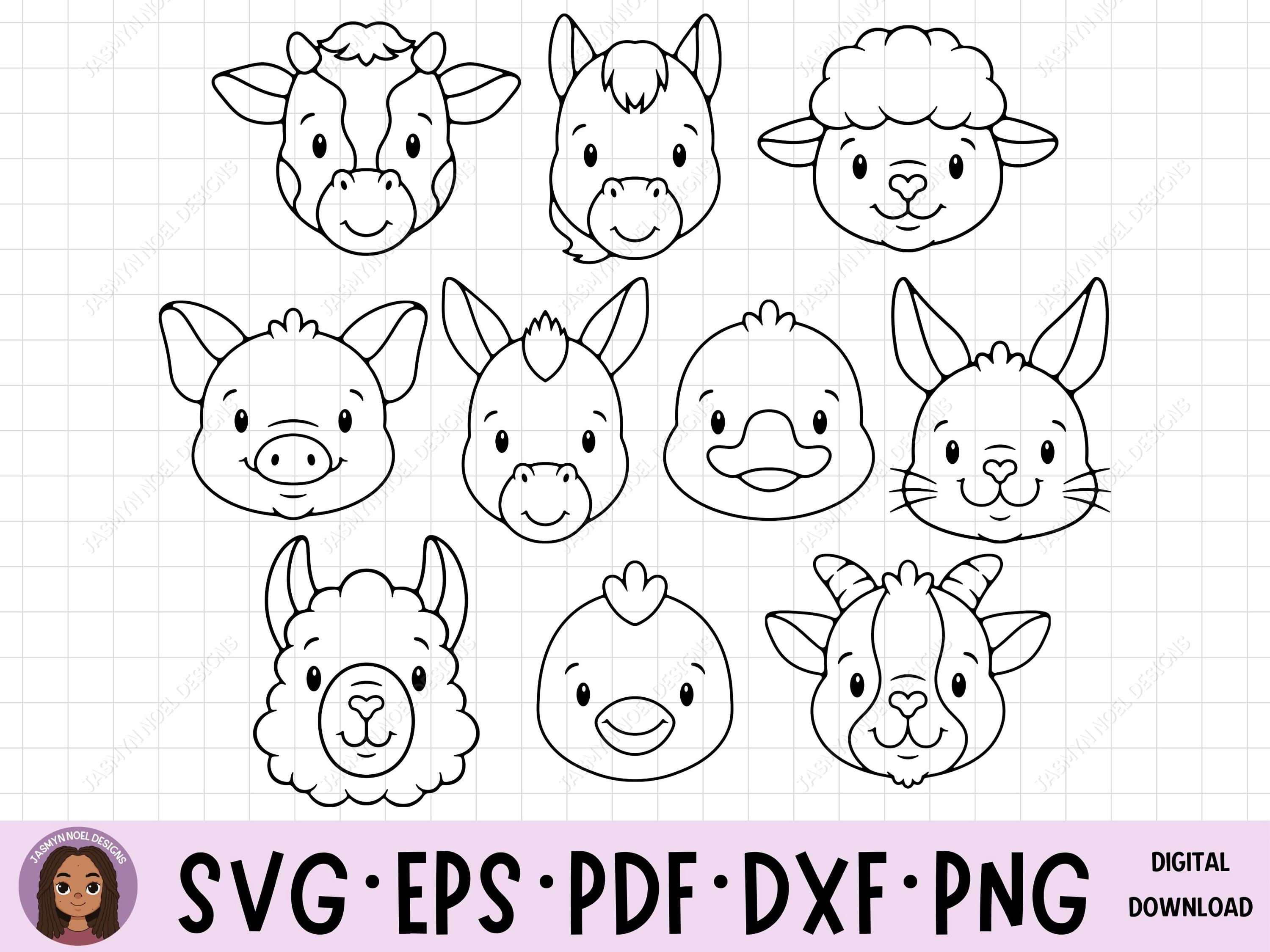 10 Cute Farm Animal Faces Outline SVG, PNG, JPG, Clipart Set - Cow, Pig, Horse, Goat, Sheep, Llama, Donkey, Bunny, Duck, Chicken Line Art